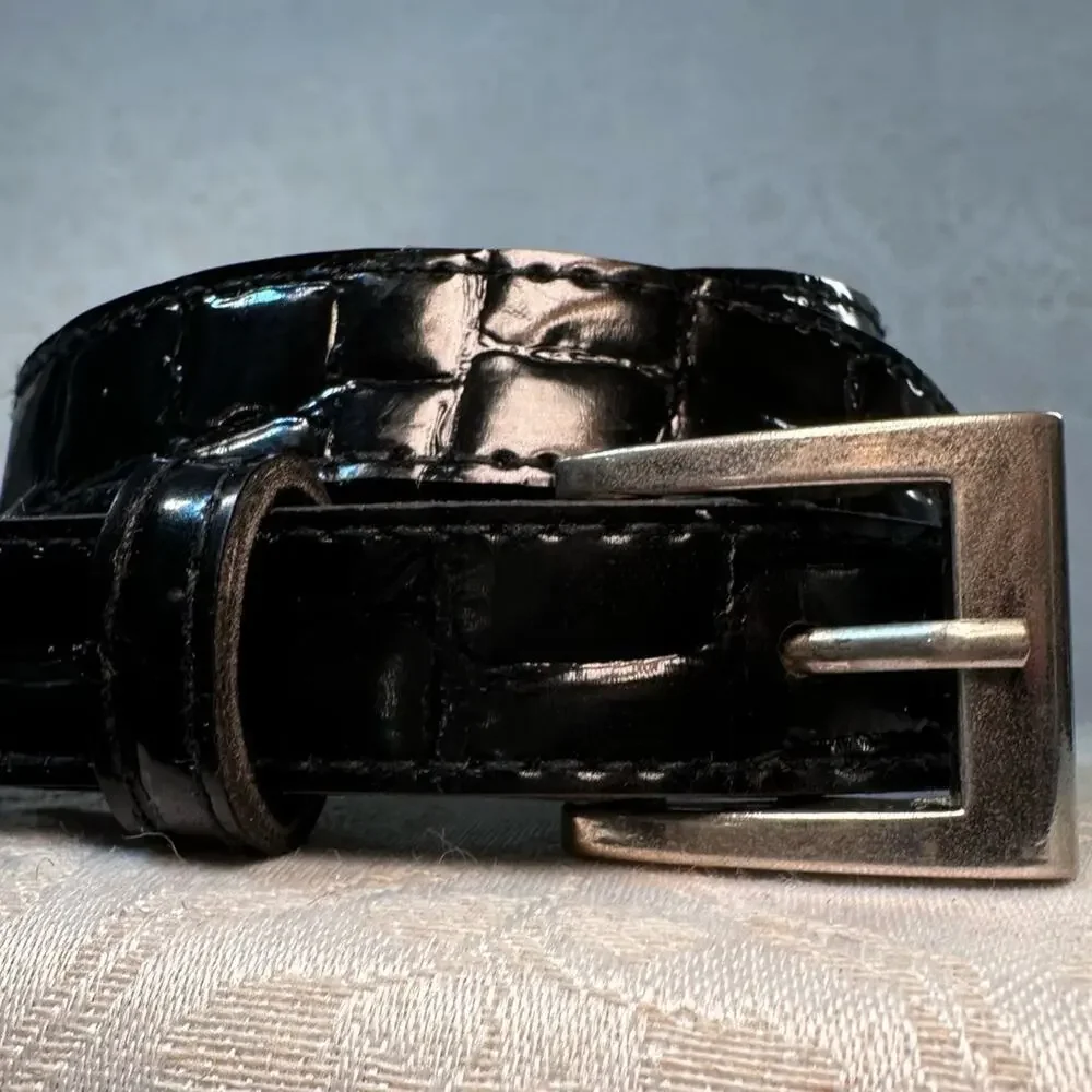 Black Faux Patent Leather Alligator Print Belt with Silver Buckle 36.5 in